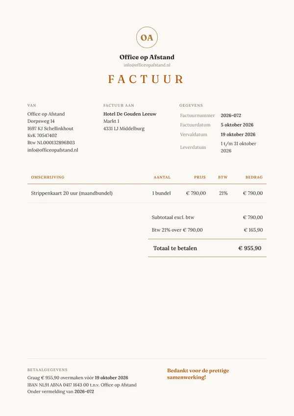 Voorbeeld abonnementsfactuur van een virtueel assistent met een vaste maandprijs, abonnementsperiode en 21% btw