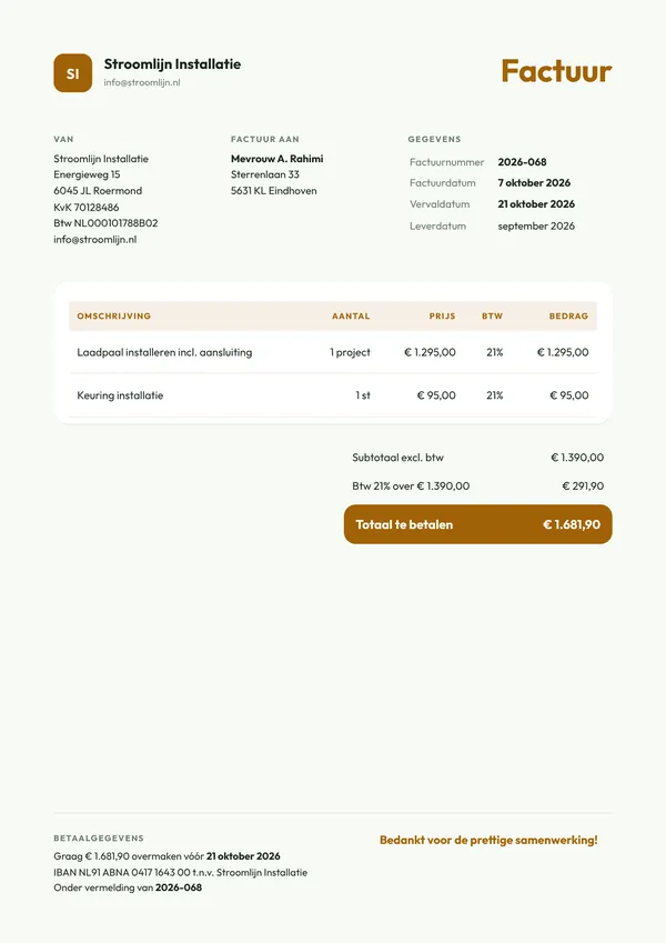 Voorbeeld factuur van een elektricien aan een particuliere klant, met bedragen exclusief en inclusief 21% btw