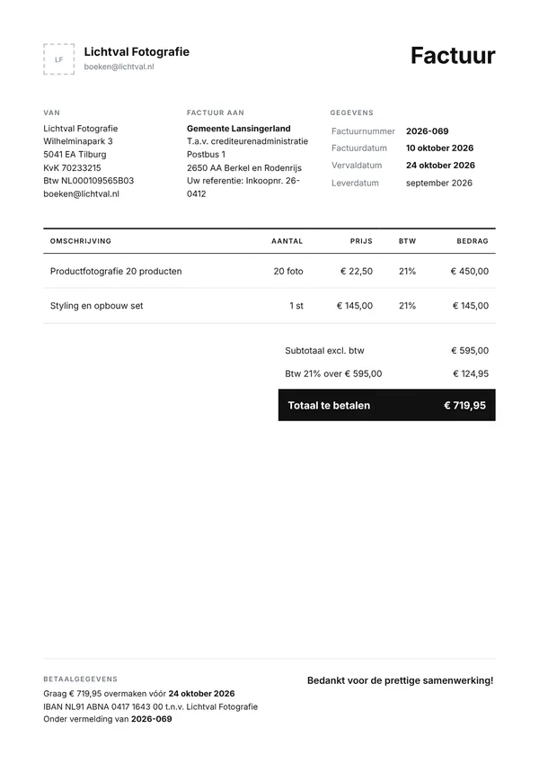Voorbeeld factuur van een fotograaf voor een project met vaste prijs, inclusief 21% btw, factuurnummer en betaalgegevens